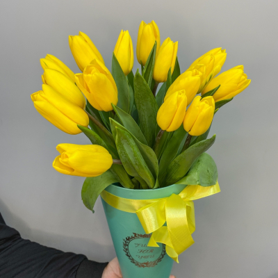 15 желтых тюльпанов в коробке 